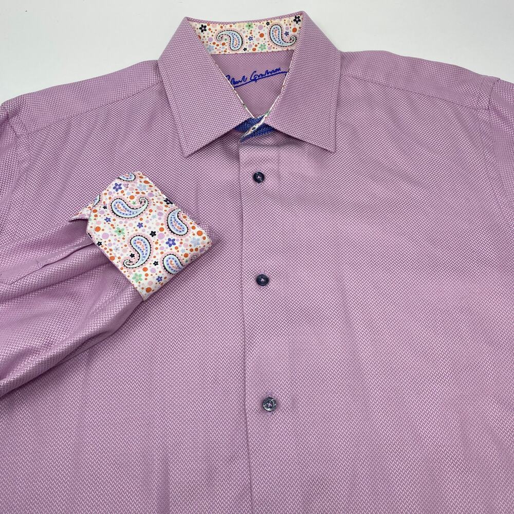 Robert Graham Purple 43/17 XL Flip Cuff‎ Houndstooth Pattern Striped L/S Shirt